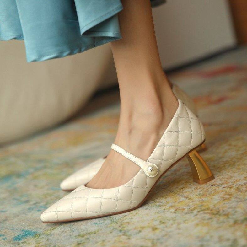 Giày SLV743 New Hepburn Mary Jane, Giày Nữ Hoài Cổ Gót Trung Bình Ngọc Trai Đơn Giản, Giày Tối Giản Giày Cao Gót Mũi Nhọn Phù Hợp Mọi Da Mềm giá rẻ