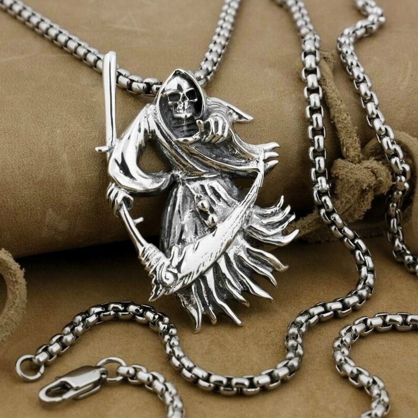 Gothic Retro Alloy Sickle Skull Pendant Men's Biker Rock Punk Steel Chain Necklace