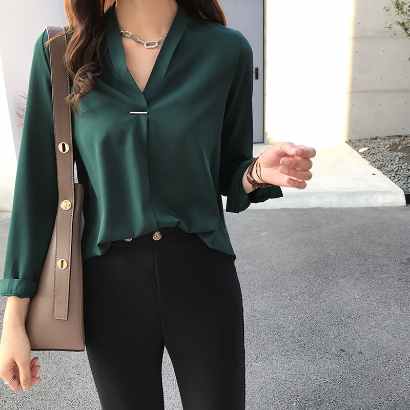 Woment V-neck Long-sleeved Shirt Chiffon Solid Color Base