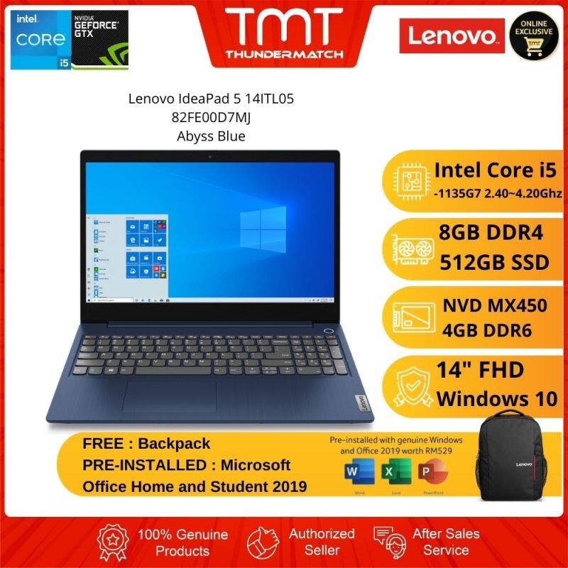 Lenovo IdeaPad 5 14ITL05 82FE00D7MJ Laptop | i5-1135G7 | 8GB RAM 512GB SSD | 14 FHD | NVD MX450 | W10 | MS OFFICE + BAG Malaysia