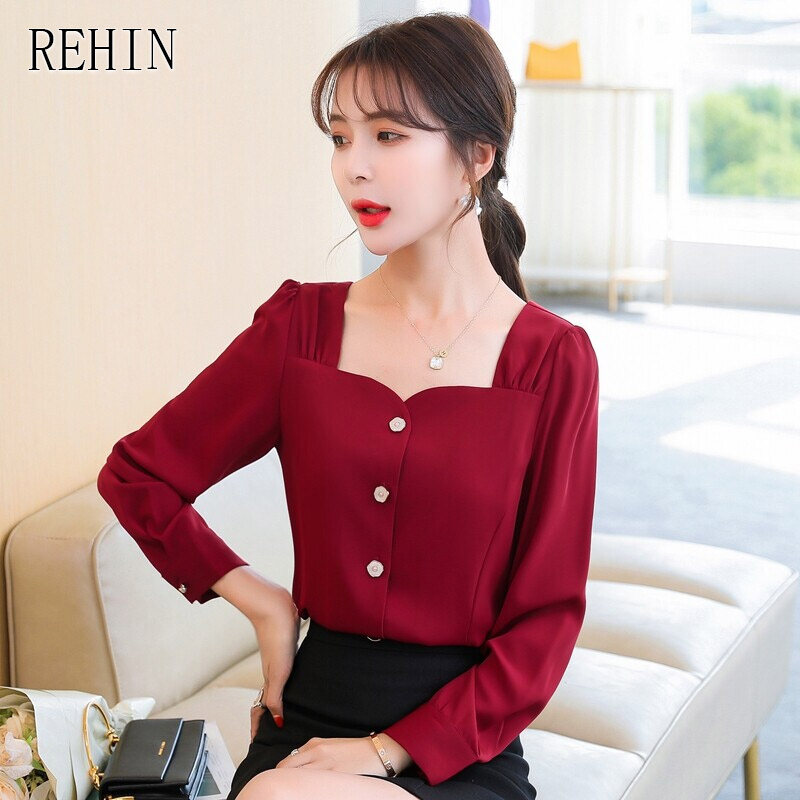 REHIN Long sleeve shirt niche fashion red square collar women blouse spring new tops