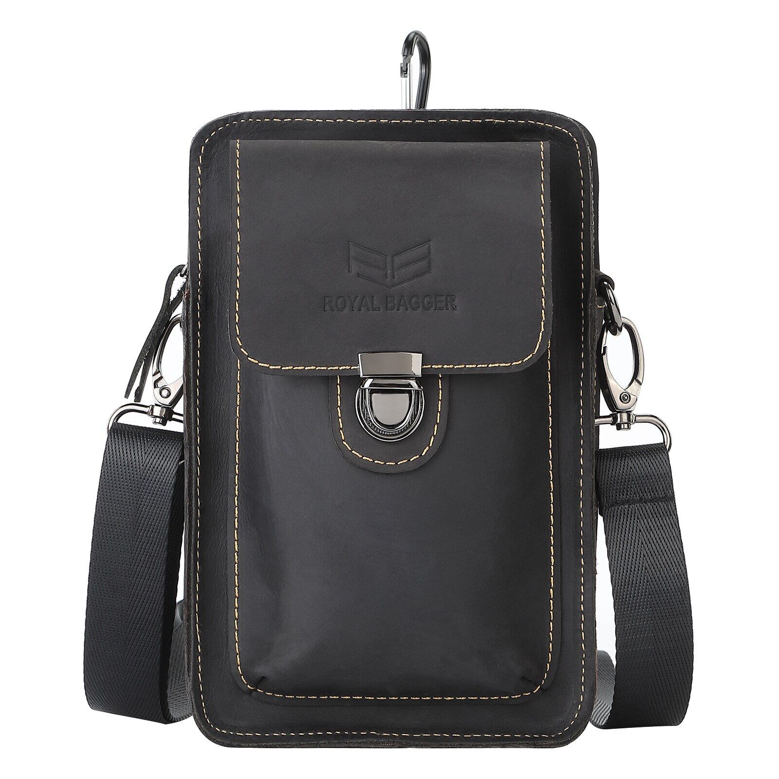 Royal Bagger Waist Pack for Men Crazy Horse Leather Male Small Shoulder Sling Bag Genuine Leather Phone Pocket Belt Bags Retro