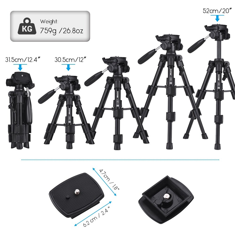 ZOMEI Q100 20inch Tabletop Folding Tripod with Quick Release Plate Storage Bag Black