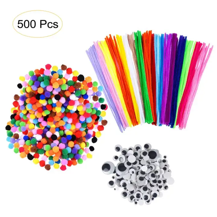 500Pcs Pipe Cleaners Craft Set,Including 100 Pcs Chenille Stems 250 Pcs Pom Poms Craft 150 Pcs Wiggle Googly Eyes Self Adhesive,Assorted Colors and Assorted Sizes for DIY Art Craft