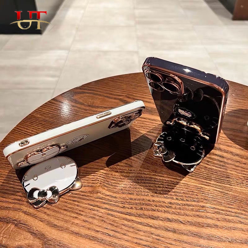 Luxury smooth silicone case For iphone 15 pro max 15 plus iphone 14 pro max iphone 13 pro max iphone 12 pro max iphone 11 pro max iphone 12 mini iphone 11 mini electroplated Kitty cat touch-up mirror stand