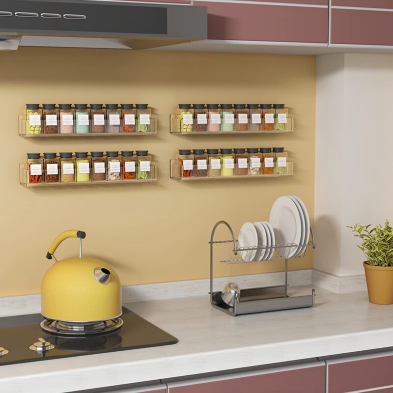 Wall Mounted Spice Rack Organizer,Clear Acrylic Spice Shelf Storage Holder for Wall Kitchen Pantry Cabinet Door 4 Pack