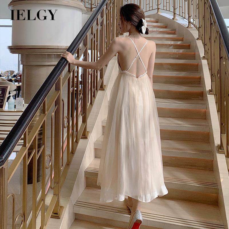 IELGY sleeveless Waist Look thin Fashion Dress Solid color Temperament Long skirt Suspenders V-neck