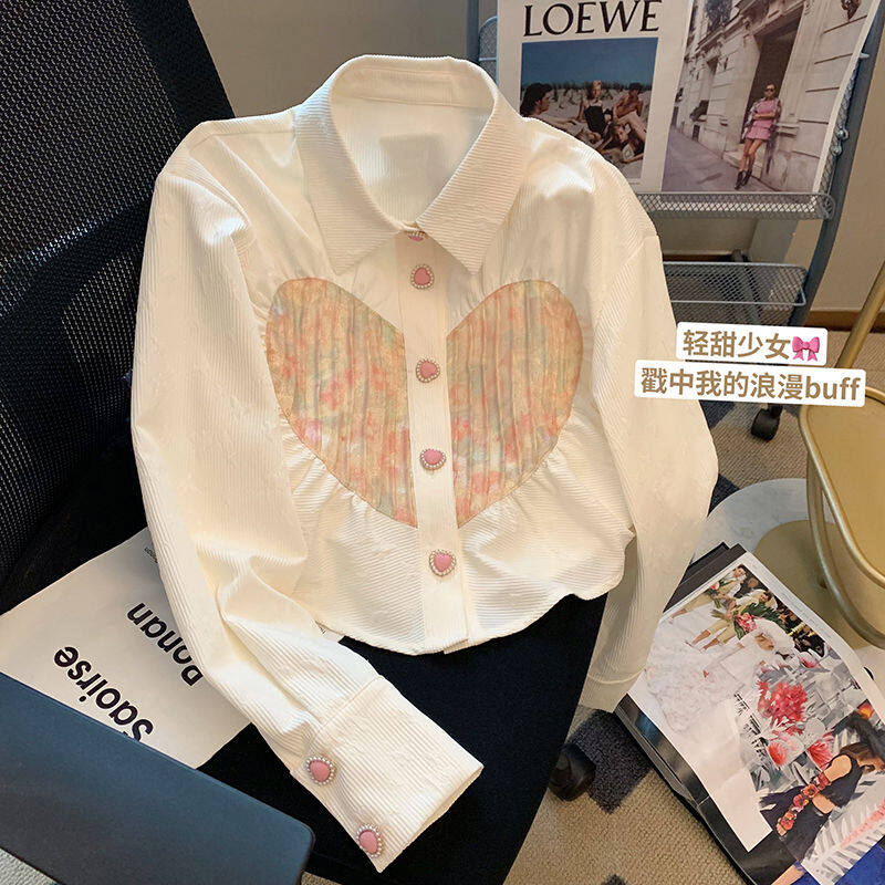 French Patchwork Color Contrast Love Printed Long Sleeve Shirt Women's Summer New Sweet Shirt Ladies Casual Korean Blouse