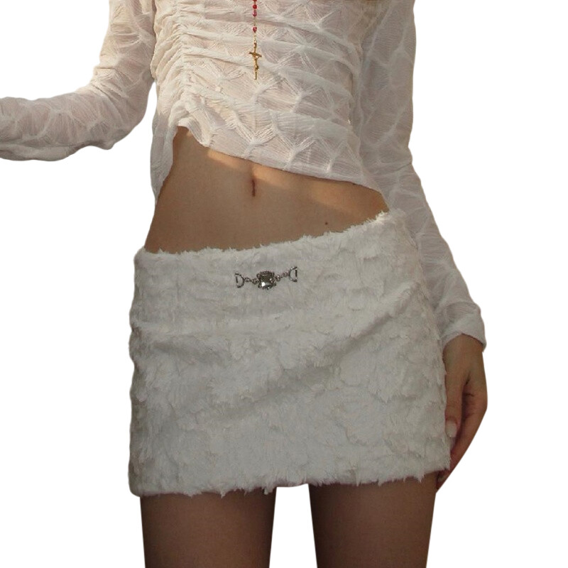 Women's Faux Fur Mini Skirt, Low Waist Solid Color Bodycon Short Skirt with Metal Chain
