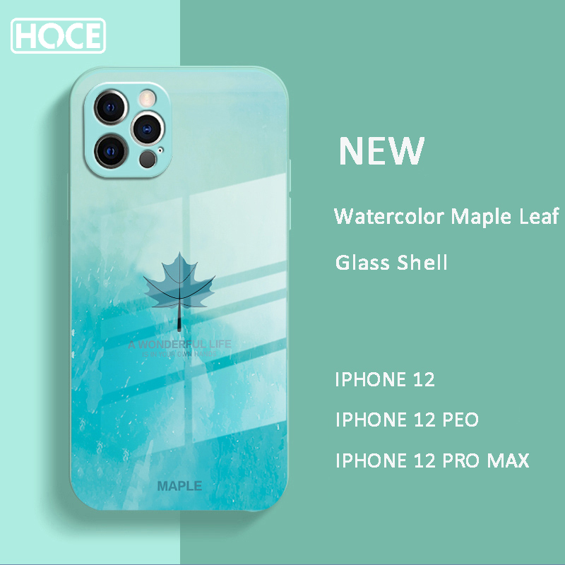 HOCE Luxury Liquid Square Tempered Glass Shockproof Case For iPhone 11 12 13 14 Pro X XR XS Max 7 8 14 Plus SE 2020 Watercolor Maple Leaf Cover
