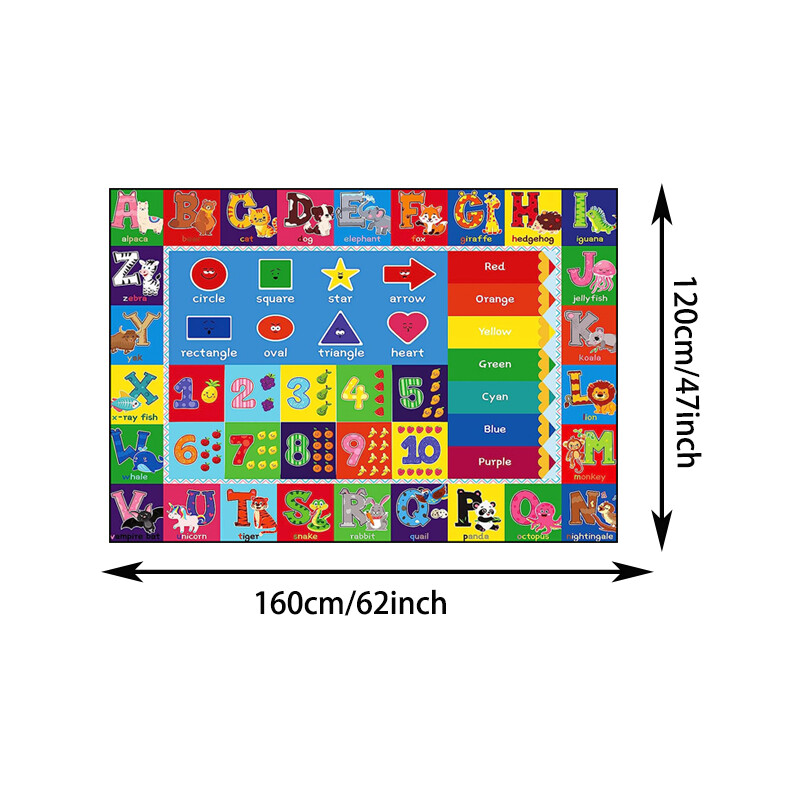 HKStorage Kids Educational Rug Playtime Collection Colors, 26 English letters, shapes, numbers, and cute little animals learning Carpet Kids Play Rug Mat Playmat for Playroom Bedroom