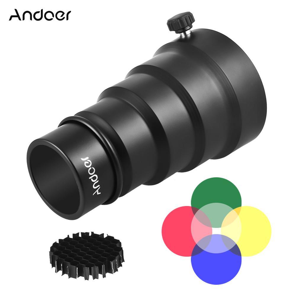 Snoot Honeycomb Grid Light Beam Tube For Studio Strobe Flash – Bowens Mount With 5 Color Filters