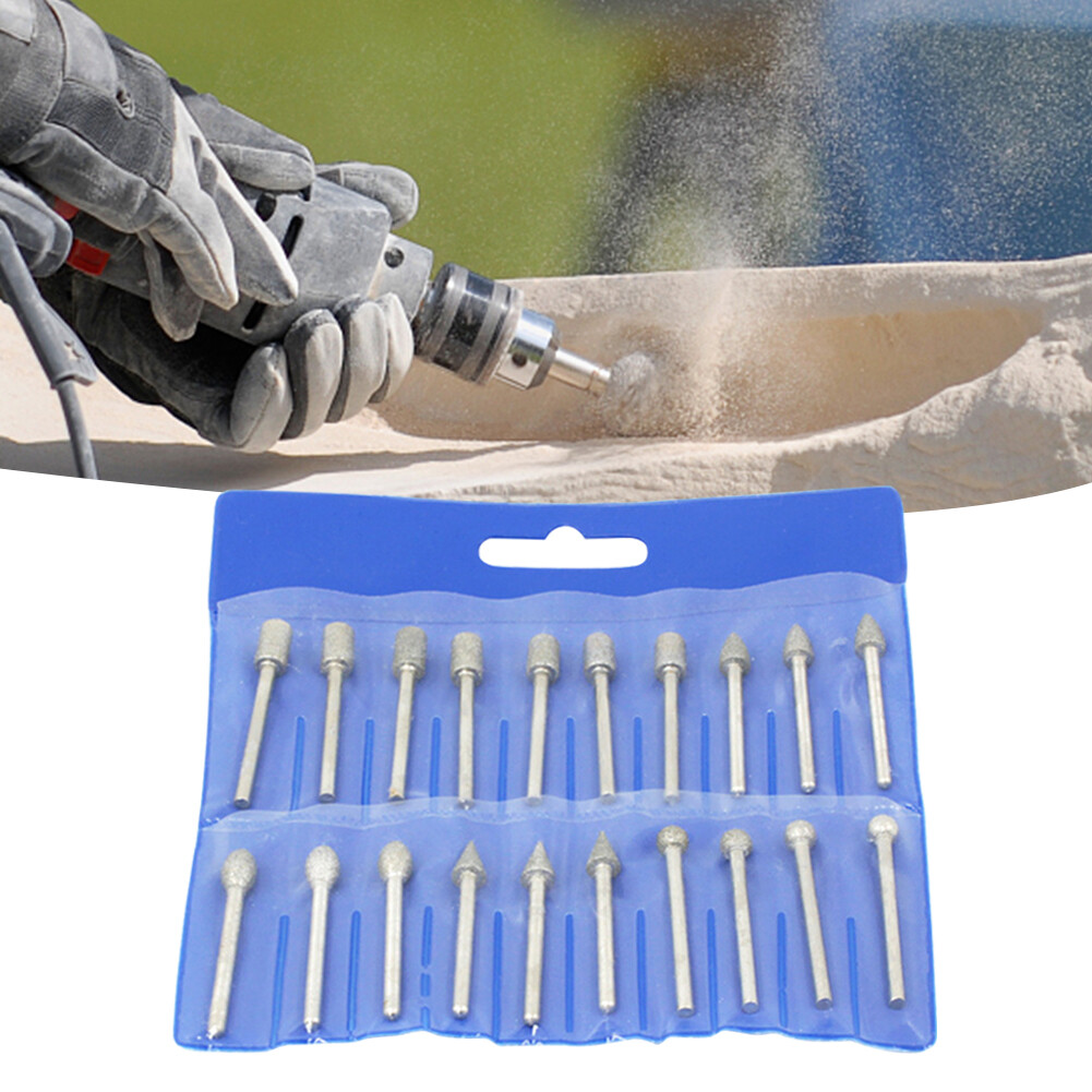 20pcs Diamond Grinding Heads 3mm Shank Mini Bit Set for Rotary Drill Tool