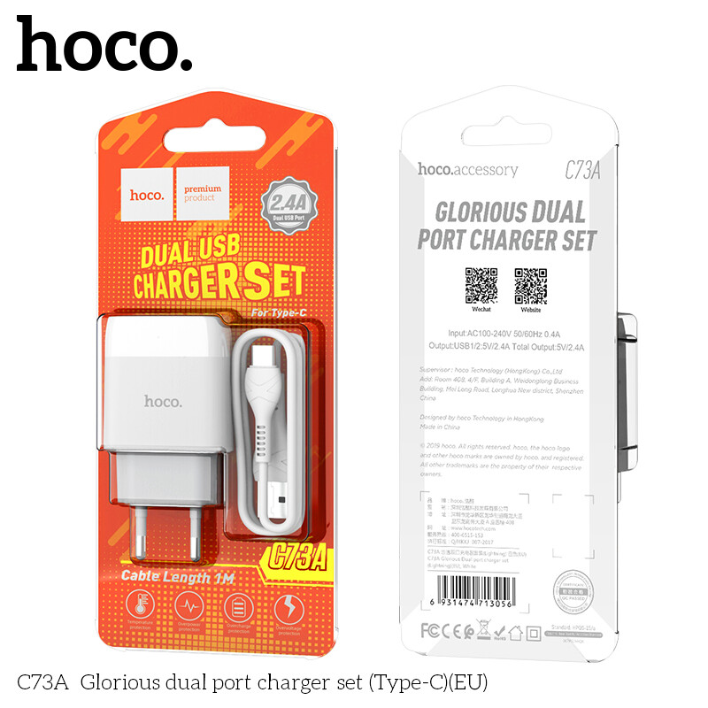 【2020】HOCO C73A 2.4A Dual USB Charger Set With Iphone/ Micro USB /Type C Cable 2 In1 Mobile Phone Charging Adapter + Cable