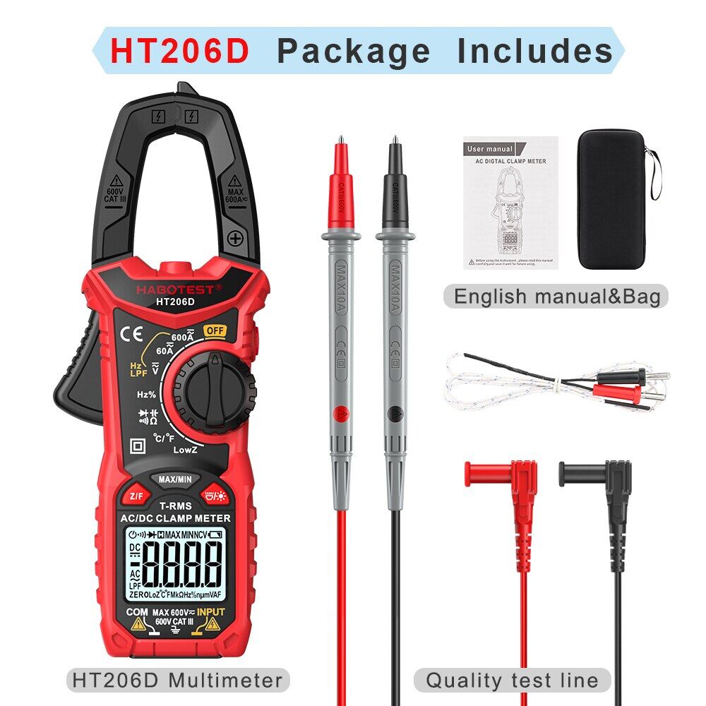 Habotest ht206d digital clamp meter dc/ac 600a multimeter ammeter tester car amp hz capacitance ncv ohm test