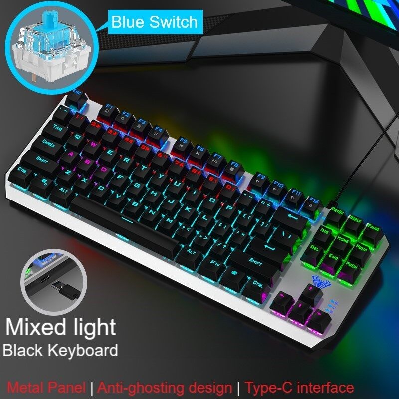 AULA 3087 Mechanical Gaming Keyboard Anti-ghosting 87 Keys Blue/Black Switch Mix Backlit Wired Gaming Keyboards for Game PC Desktop Singapore