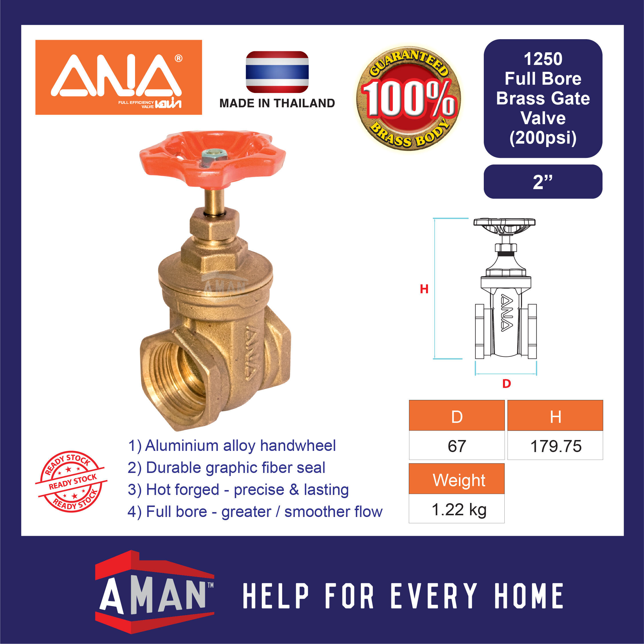 ANA Full Bore Brass Gate Valve 2 inch Hot Stopcock With Steering