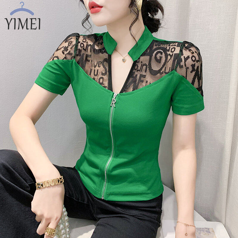 Yimei Áo Thun Nữ xinh đẹp cổ chữ V có ren co giãn mới mùa hè 2023 áo thun màu đen ôm vừa và mỏng cho nữ