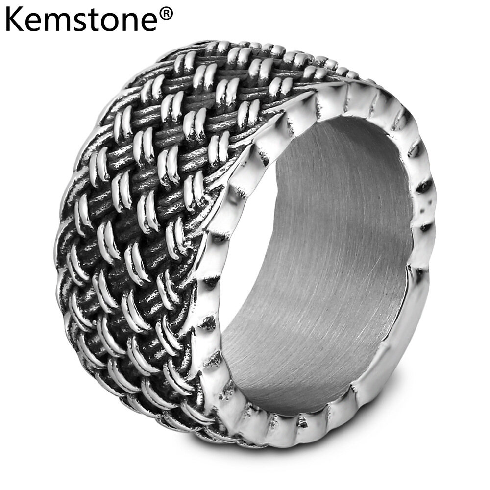 Kemstone nhẫn thép không gỉ bạc cổ điển 11mm, quà tặng trang sức cho nam