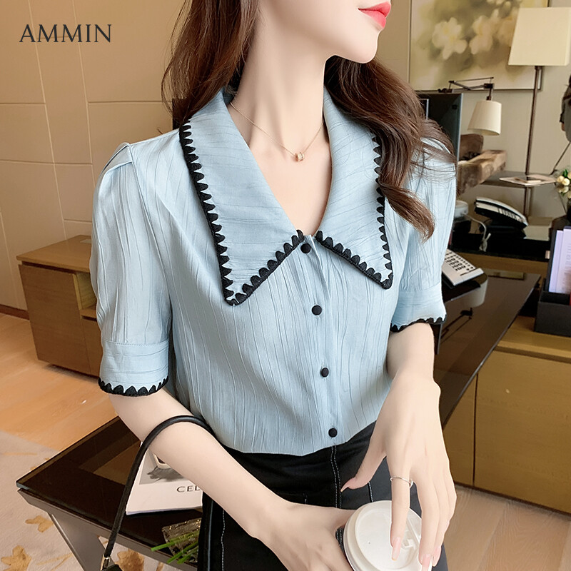 Ammin Tops 2021 Summer New Style Korean Puff Sleeve Embroidery