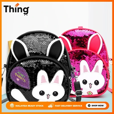 Kstyle Fashion Cute Girl Colourful Glittery Cat Sequin Premium PU Shiny Large Capacity Casual Travel Backpack Handbag - 9638