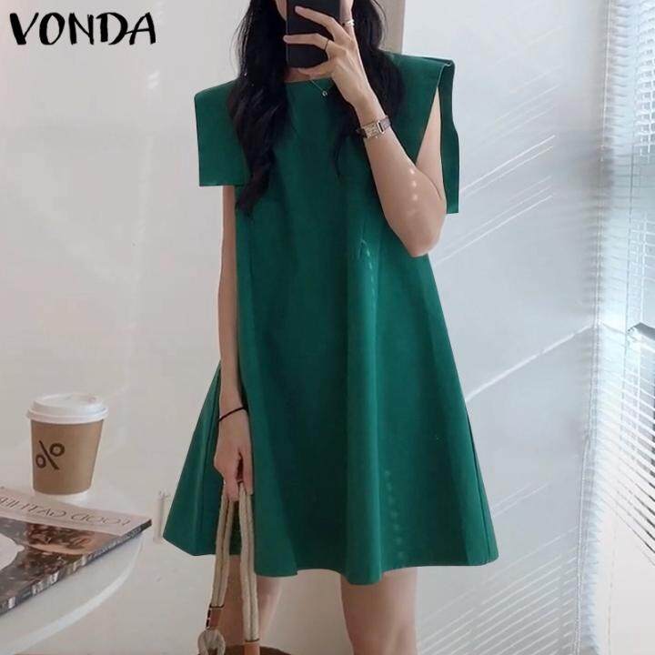 VONDA Đầm Mini Không Tay Cổ Tròn Màu Trơn Dự Tiệc Ngày Lễ Cho Nữ, Ngoại Cỡ (Phong cách Hàn Quốc giản dị) – VONDA >>> top1shop >>> lazada.vn