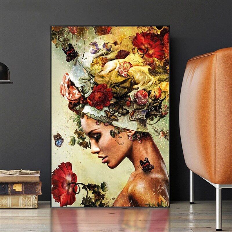 Profile Woman Flower Art Posters and Prints Canvas Paintings Wall Art Pictures for Living Room Decor