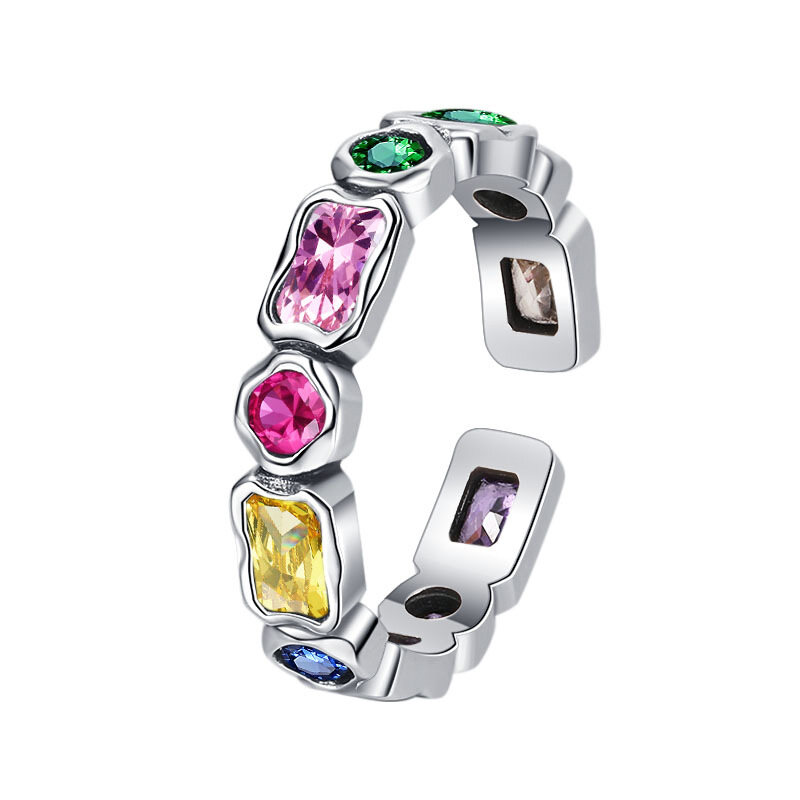 S925 Sterling Silver Pink and Green Inlaid Geometric Ring Personality Clash Color Diamond Index Finger Ring Color Matching Ring