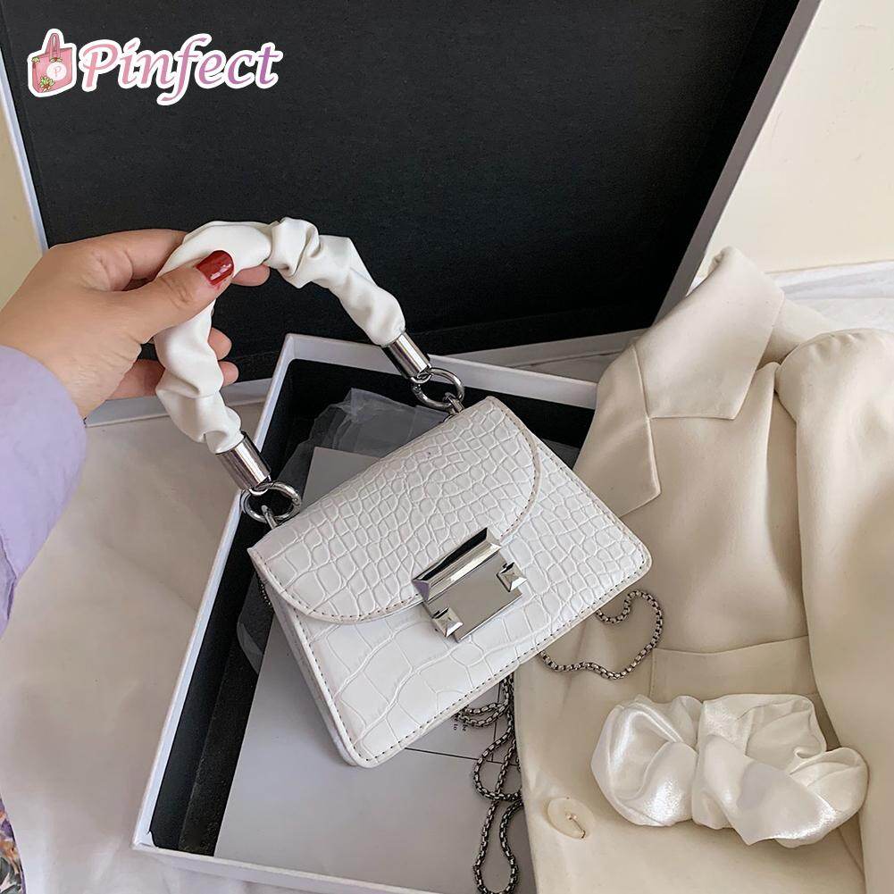 [Pinfect] Fashion Vintage Elegant Alligator PU Leather Women Mini Shoulder Bags Lady Pleated Totes Chain Smalll Crossbody Handbags Solid Color Satchel Sling Bag
