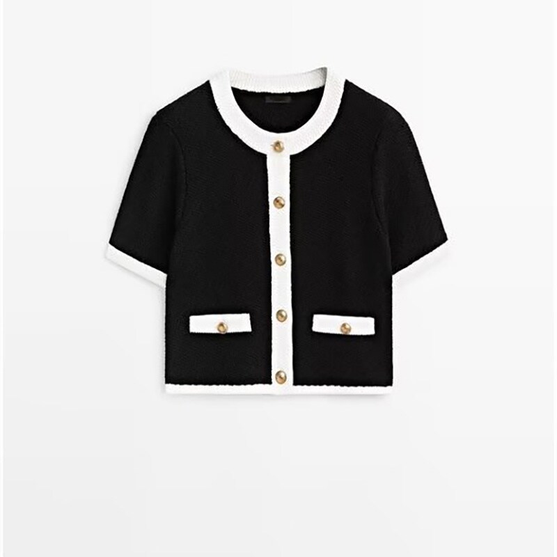 Imported NEW Massimo Dutti Spanish MD European and American clothing 2023 spring and summer new temperament small fragrance short-sleeved knitted cardigan top New style