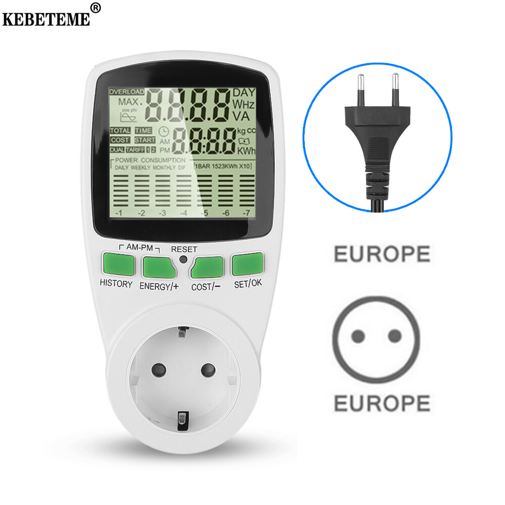 KEBETEME Digital LCD Energy Meter Wattmeter Wattage Electricity Power Meter EU US Plug Measuring Outlet Power Analyzer