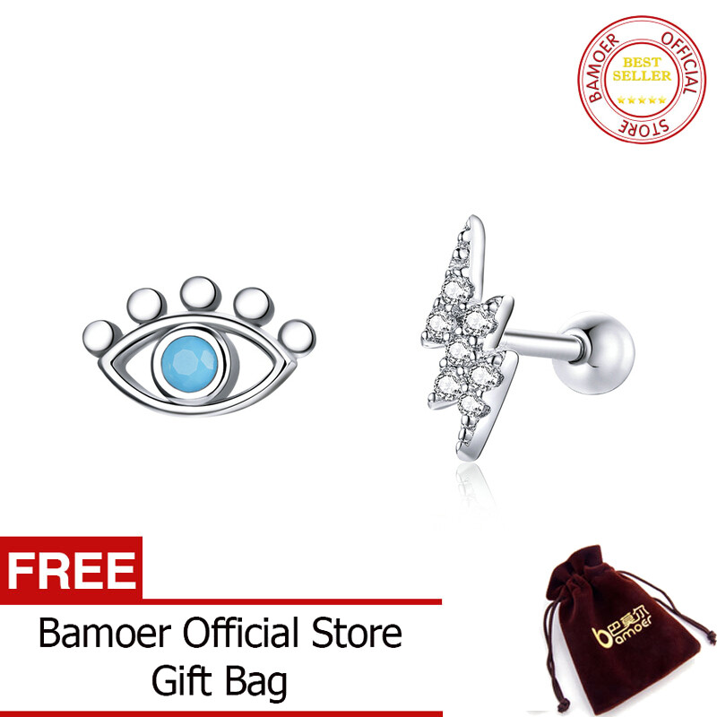 BAMOER Silver Eye Lightning Earring 925 Sterling Silver Blue Eye Stud Earrings Gift For Girl Fine Jewelry SCE1007