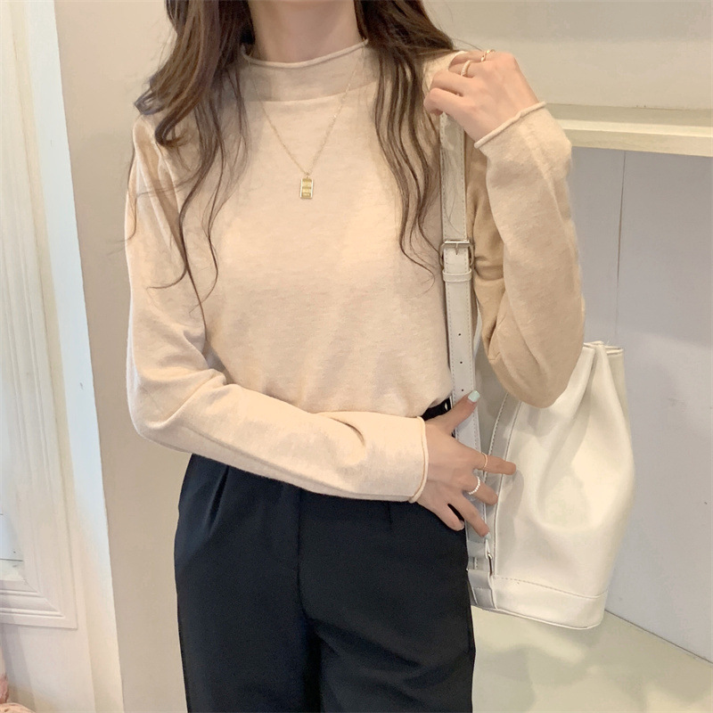 IELGY women's solid color half turtleneck long sleeve knitted bottoming shirt