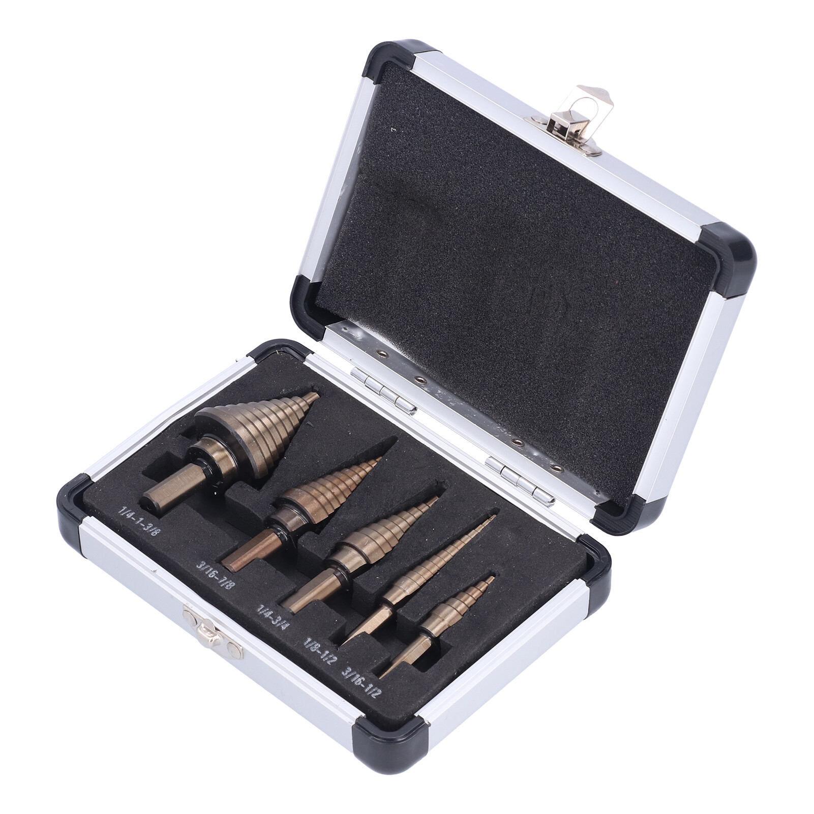 5 Pcs Step Drill Bit Set Spiral Groove Step Drill Bit Kit with Aluminum Case for Woodworking