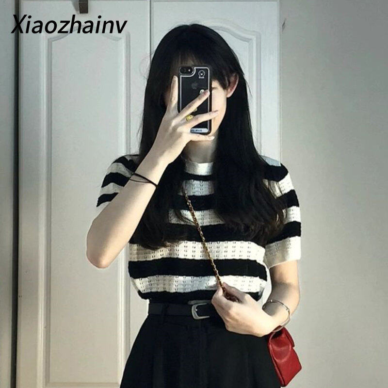 Xiaozhinv Áo Thun Cổ Tròn dệt kim kẻ sọc tay ngắn cho nữ
