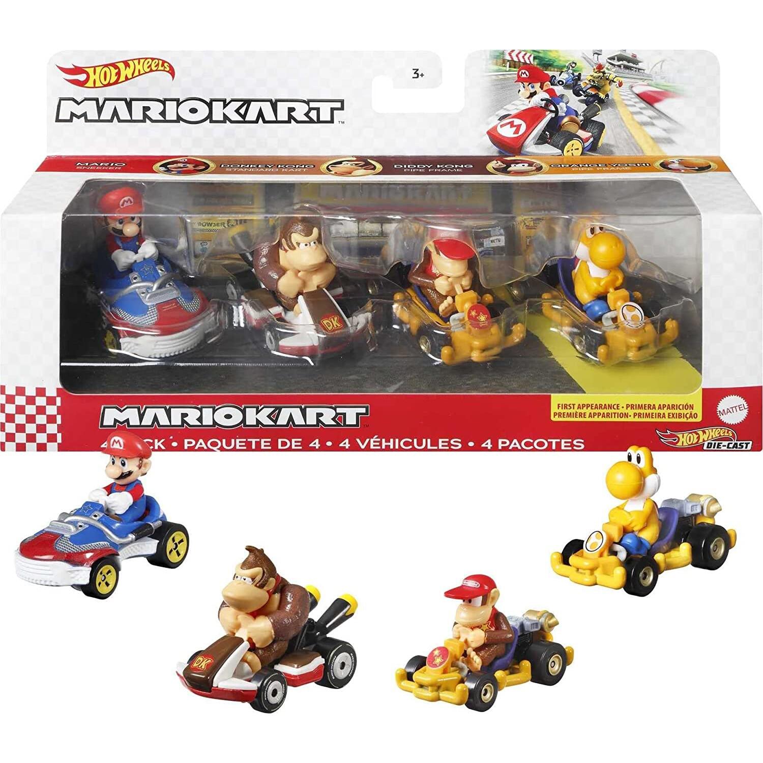 Hot Wheels Mario Kart Vehicle 4-Pack Set Fan-Favorite Characters 164 ...