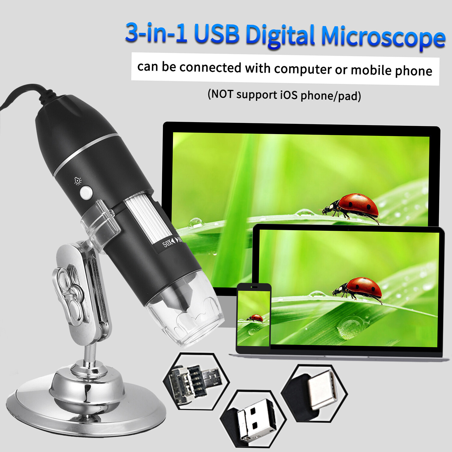 Cảm biến thông minh 1600x USB thu phóng kỹ thuật số kính hiển vi phóng to với chức năng OTG 8-Đèn LED kính lúp độ phóng đại với đứng