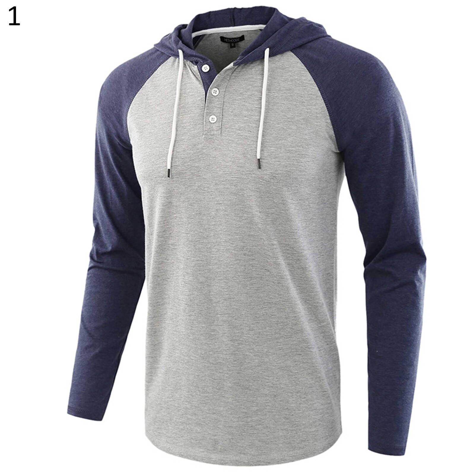 Cherise Men Long Raglan Sleeve Color Block Buttons Hoodie Drawstring Hood Sweatshirt