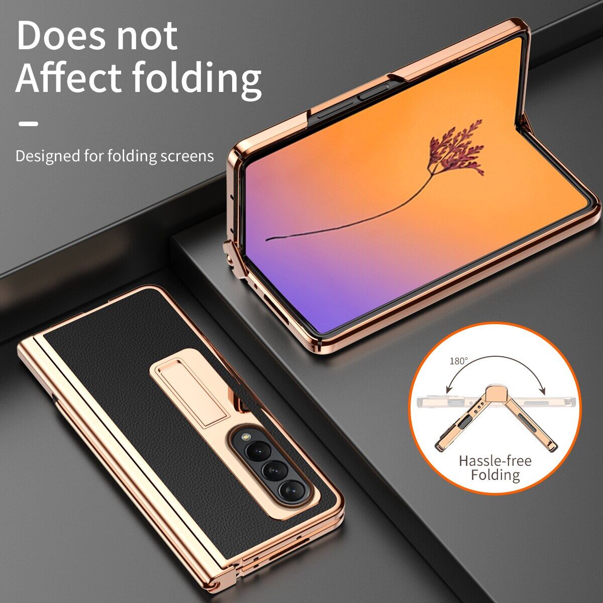 [With Pen+Screen Film] FLOVEME Plating Lychee Pattern Phone Case For Samsung Galaxy Z Fold 4 Fold 3 5G Hinge Protection With Front Screen Glass Film Stand Holder Back Cover For Galaxy Z Fold 4 Fold 3