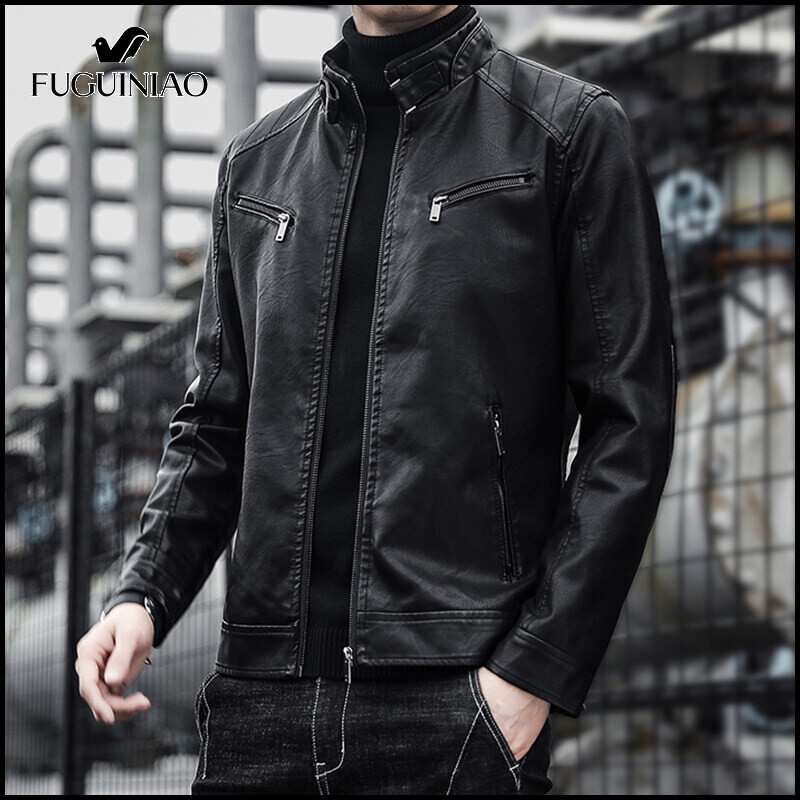 FUGUINIAO Men's Leather Clothes Retro Korean Trend Leather Biker Wallet Jacket