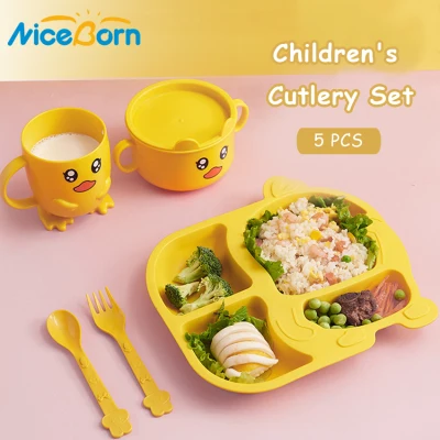 11.11 NiceBorn 5Pcs Baby Tableware Drop Resistance Cartoon Eating Plate Children Dinnerware Dishes Bowl Fork Spoon Cup Food Baby Feeding Set Little Yellow Duck Cute Safety For Baby Toddler Kids Kitchen