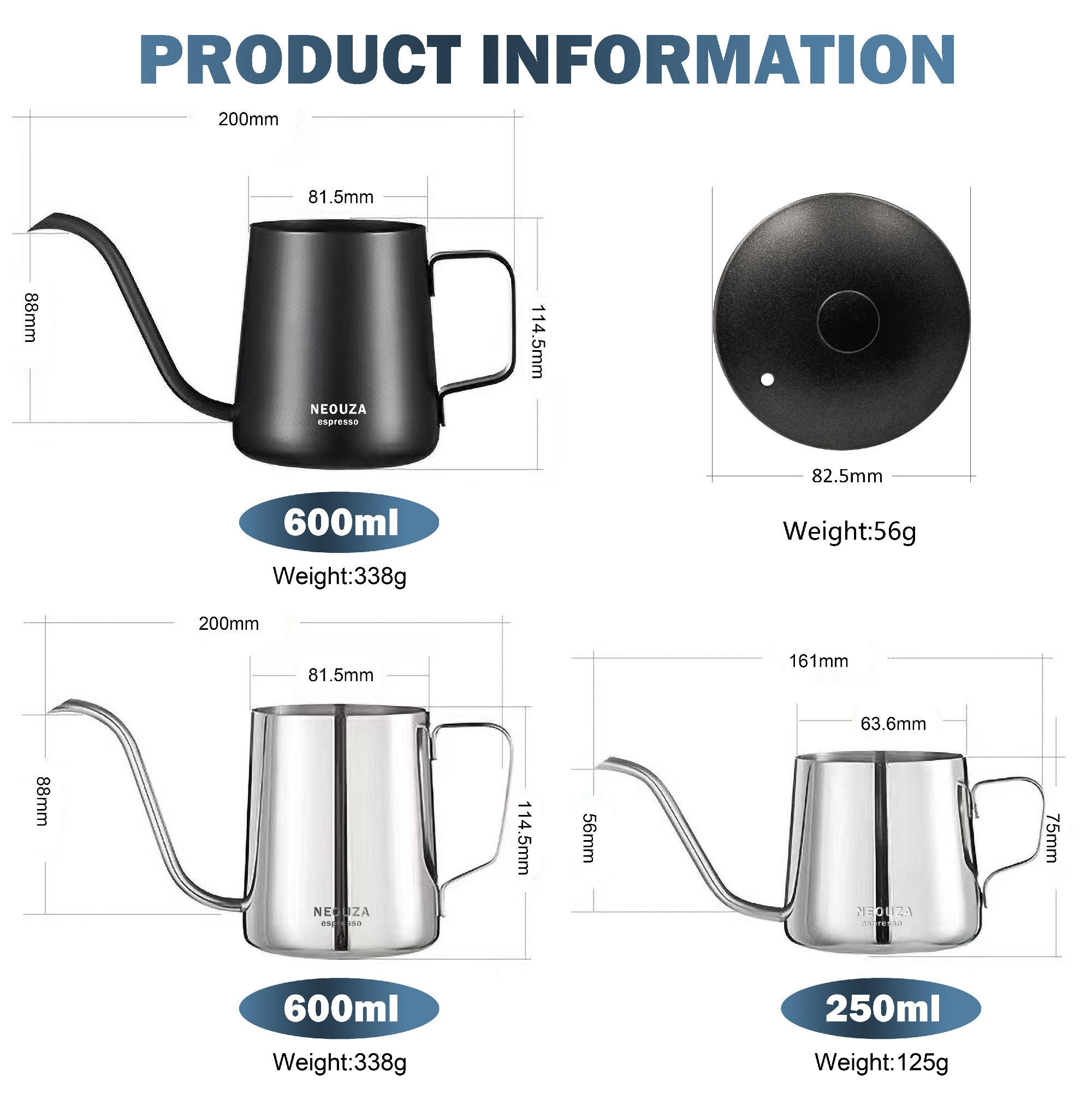 NEOUZA Ấm Pha Cà Phê Rót, Ấm Cổ Ngỗng, Ấm Pha Cà Phê Nhỏ Giọt, Teflon Đen, Thép Không Gỉ 600Ml/250Ml