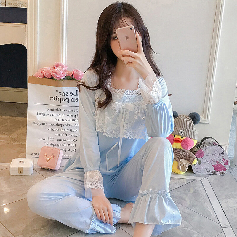 Nơi bán Mùa Xuân Mới Thu Nữ Ren Áo Thun Chui Đầu Bộ Đồ Ngủ Nữ Phong Cách Ngọt Ngào Thoải Mái Casual Bộ Đồ Ngủ Dài Tay Phù Hợp Với