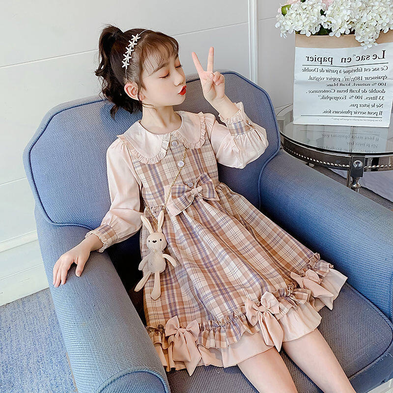Autumn Fairy Tale Girls Dress Kids Dress Lolita Princess Dress Bowknot Plaid Beautiful Long Sleeve Fringe Lace Khaki New Style