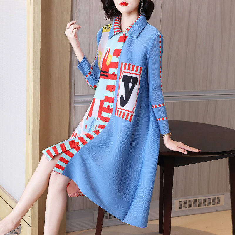 ※ Fashion print Miyake pleated shirtdress for women,2022 new spring dress for age-reducing mother western dress plus size women