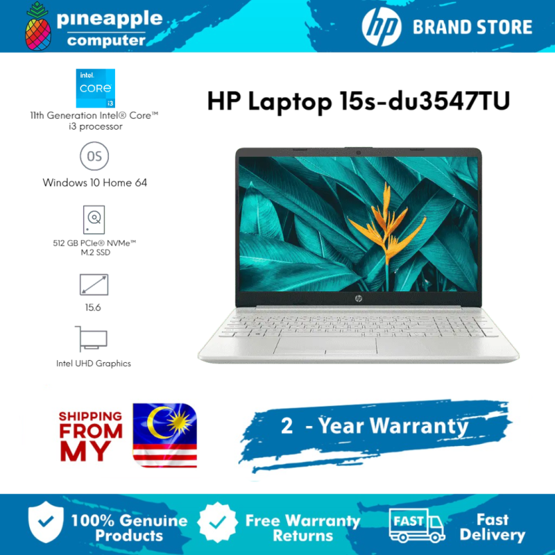 HP Laptop 15s-du3547TU | 15.6 diagonal, FHD (1920 x 1080) | Intel® Core™ i3-1115G4 | 8 GB DDR4-2666 MHz RAM (1 x 8 GB) | 512 GB PCIe® NVMe™ M.2 SSD | Intel® UHD Graphics | Win 10 Malaysia