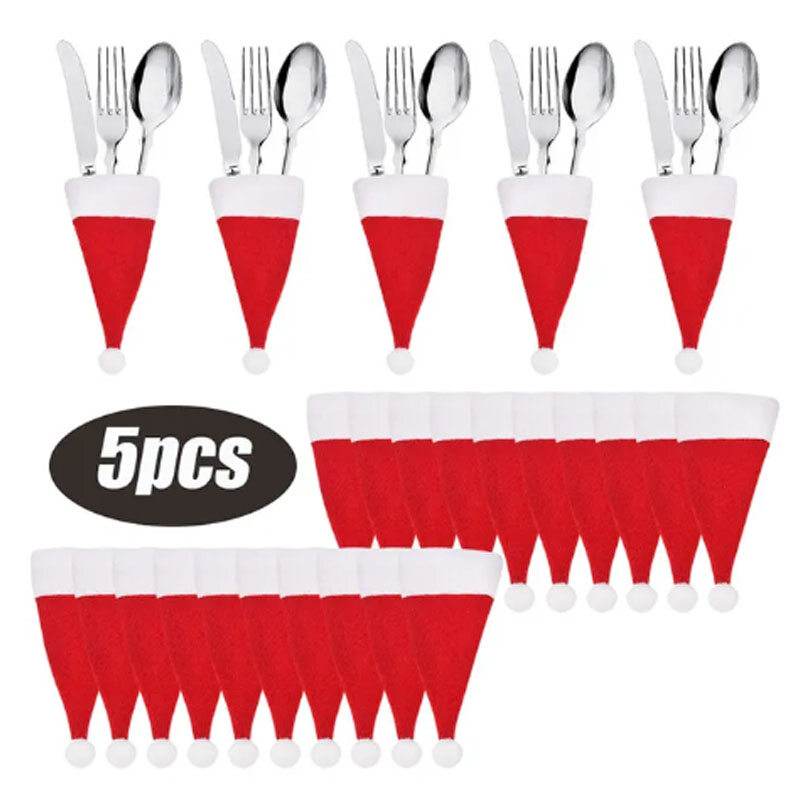 Christmas Decorations Mini Christmas Hat Christmas Knife and Fork Set Bottle Set Hat Cutlery Set Pull Flannel Mini Hat
