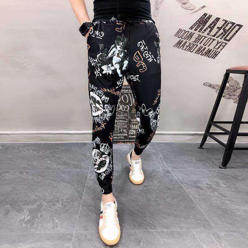 Yushu Floral Pants Korean Version of Harlan Trousers Men's Summer Thin Print Nine-point Pants Social Guy Trendy Brand Pants