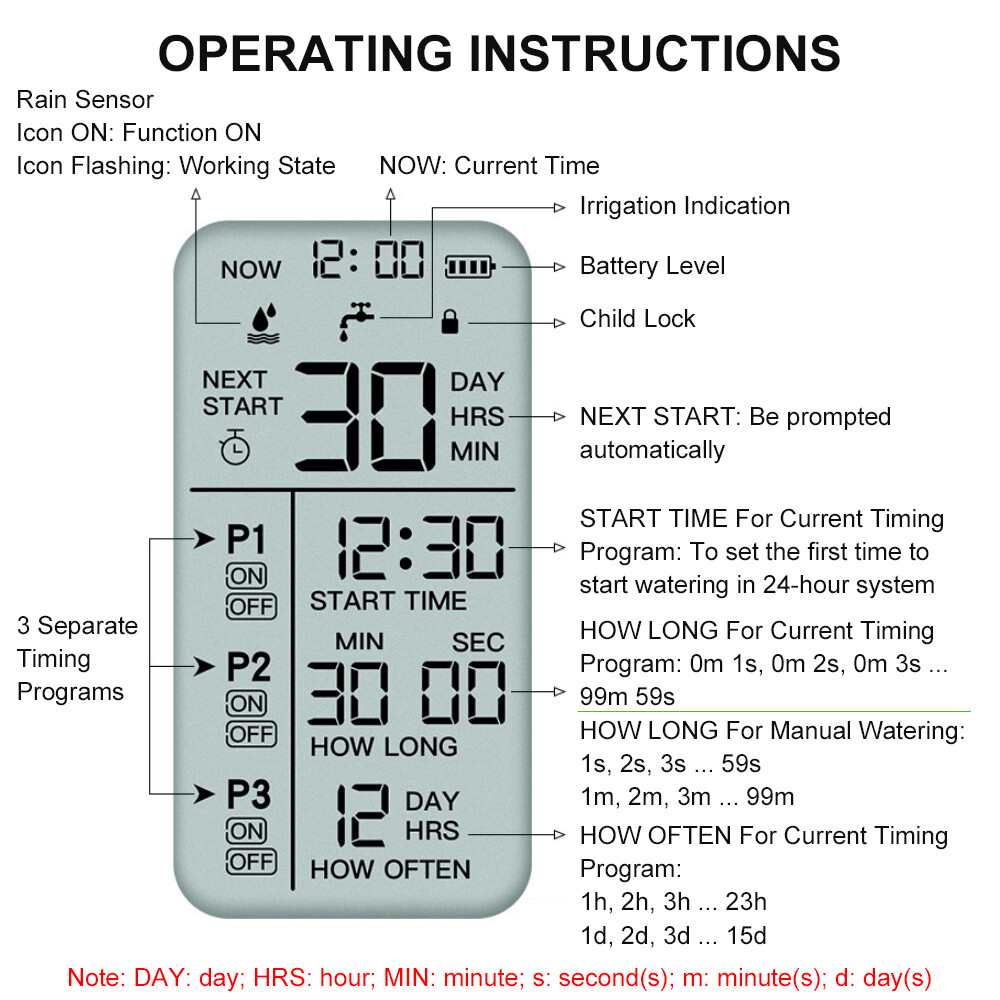 Electronic Irrigation Regulator Automatic Irrigation Timer with Large LCD Screen Waterproof Sprinkler Controller 3 Separate Timing Programs Weak Electricity Protection Rain Sensor Child Lock Outdoor Garden Watering Device Irrigation Tool