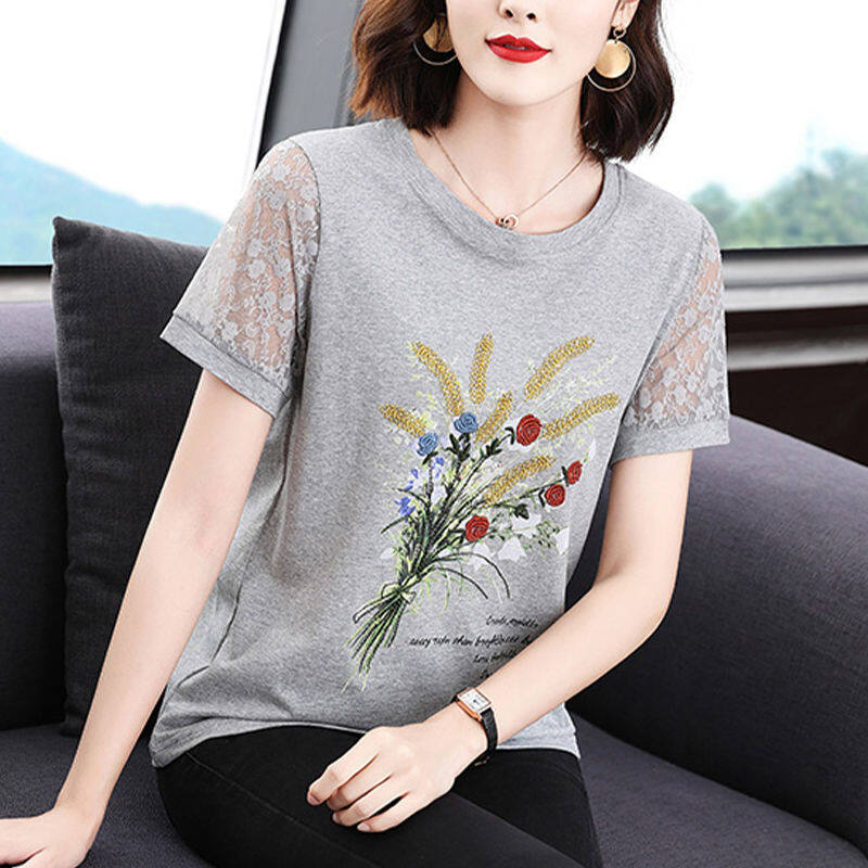 Women's Short-sleeved T-shirt Women's 2022 Summer New Middle-aged Mother  Loose and Thin Lace Stitching Fashion Top Bottoming Shirt | Lazada Singapore